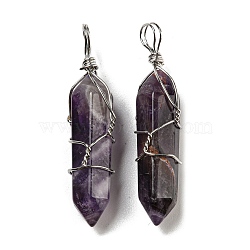 Natural Amethyst Double Terminal Pointed Pendants, Faceted Bullet Charms with Platinum Plated Iron Wire Wrapped, 42~46x10x13mm, Hole: 6~7x4.5~5.5mm(G-H308-05P-03)