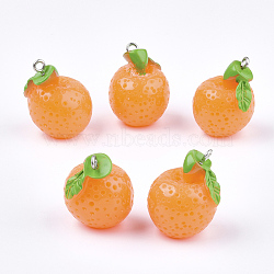 Resin Pendants, with Platinum Tone Iron Findings, Imitation Food, Orange, Coral, 24~25x21x19.5~20mm, Hole: 2mm(RESI-T028-42)