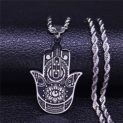 304 Stainless Steel Enamel Necklaces, Hamsa Hand with Eye, Stainless Steel Color, 24.02 inch(61cm)(NJEW-Q338-02P)