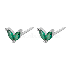 Silver 925 Sterling Silver Micro Pave Cubic Zirconia Stud Earrings, Leaf, Dark Green, 5.5mm(FJ9969-10)