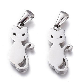 304 Stainless Steel Pendants, Manual Polishing, Cat, Stainless Steel Color, 22x10.5x3mm, Hole: 6x2.5mm