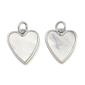 Natural Shell Pendants Brass Heart Charms, Cadmium Free & Lead Free, Rack Plating, Long-Lasting Plated, Seashell Color, Platinum, 15.5x13.5x2.5mm, Jump Ring: 5x0.8mm, Inner Diameter: 3.4mm
