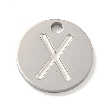 Non-Tarnish 304 Stainless Steel Pendants, Laser Cut, Flat Round with Letter Charm, Stainless Steel Color, Letter X, 10x1mm, Hole: 1.4mm