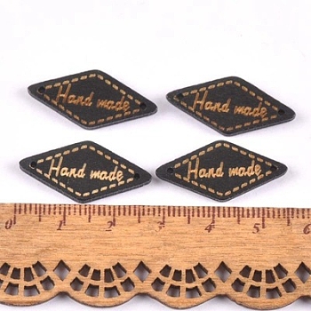 Schima Superba Wood Links, Rhombus with Word Handmade, Black, 26x13.5mm, Hole: 1.5mm