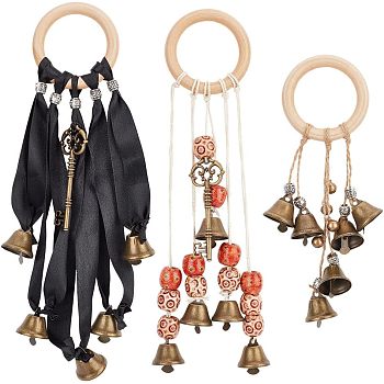 3Pcs 3 Style Alloy Witch Bells Pendant Decorations, with Wooden Ring, Mixed Color, 215~315mm, 1pc/style