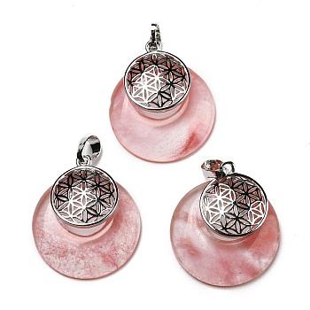 Cherry Quartz Glass Pendants, Spiritual Charms, with Platinum Tone Brass Findings, Flat Round with Flower of Life/Sacred Geometry, 32~32.5x28~30x7~7.5mm, Hole: 5x8mm