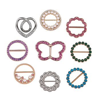 9Pcs 9 Style Alloy Rhinestone Buckles, with Plastic Pearl, Mis-shaped, Mixed Color, 33~49x38.5~50x3.5~7.5mm, 1pc/style