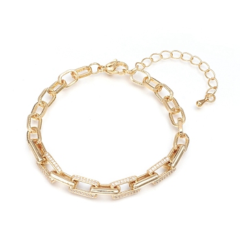 Brass Cable Chains Bracelets, with Clear Cubic Zirconia and Lobster Claw Clasps, Textured, Long-Lasting Plated, Golden, 6-3/4 inch(17cm)