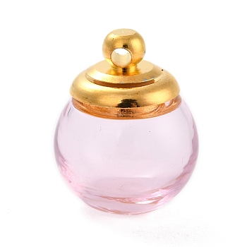 Glass Bottle Pendants, with 
Brass Cap, Wish Bottle Pendant, Refillable Bottle Pendant, Round, Golden, Pink, 23.5mm, Hole: 2mm