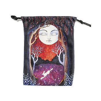 Double Face Printed Velvet Storage Bags, Drawstring Pouches Tarot Cards Packaging Bag, Rectangle, Tree, 17.9x13cm