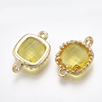 Glass Links connectors, with Brass Findings, Faceted, Square, Golden, Yellow, 14.5x9.5x3.5mm, Hole: 0.8~1.2mm