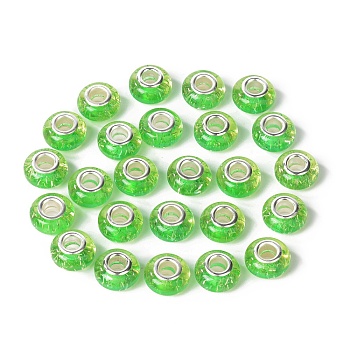 Rondelle Resin European Beads, Large Hole Beads, with Glitter Powder and Platinum Tone Brass Double Cores, Lime, 13.5x8mm, Hole: 5mm