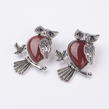 Natural Carnelian Pendants, with Alloy Finding, Owl, Antique Silver, 46.5x35.5x11.5mm, Hole: 6x8.5mm