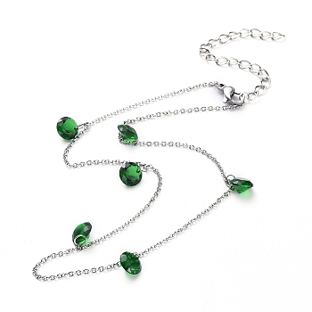 Cubic Zirconia Charms Necklaces, with 304 Stainless Steel Cable Chain Necklaces and Iron extender Twisted Chain, Green, 14.5 inch(37cm), 1.5mm