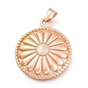 304 Stainless Steel Pendants, Sandblasting Effect, Flat Round with Daisy, Matte Rose Gold Color, 34x28x5.5mm, Hole: 7x3mm