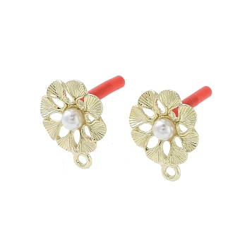 Rack Plating Golden Alloy with ABS Pearl Stud Earring Findings, with Loops and 304 Stainless Steel Pins, Cadmium Free & Nickel Free & Lead Free, Flower, 17x13.5mm, Hole: 1.6mm, Pin: 0.7x10mm..