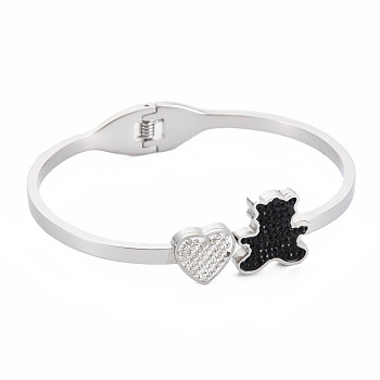 Rhinestone Bear & Heart Bangle, Stainless Steel Hinged Bangle with Polymer Clay for Women, Stainless Steel Color, Inner Diameter: 1-7/8x2-1/4 inch(4.8x5.8cm)