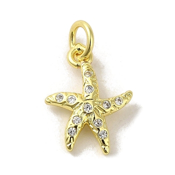Brass Micro Pave Cubic Zirconia Charms, Real 18K Gold Plated, Starfish Charms, Clear, 14.5x10x2mm, Hole: 3mm