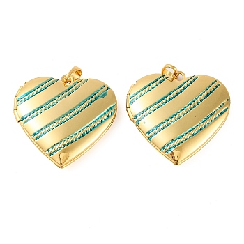 Rack Plating Brass Locket Pendant, with Enamel, Long-Lasting Plated, Heart, Golden, Teal, 29x28.5x6.5mm, Hole: 5.5x3.5mm, Inner Diameter: 16.5x21mm