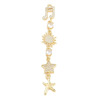 Brass Micro Pave Cubic Zirconia Big Pendants, Golden, Musical Note, 66x11x4.5mm, Hole: 1.4mm