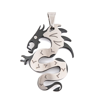 304 Stainless Steel Pendants, with Rhinestone, Dragon Charm, Black & Stainless Steel Color, 41x32x2.5mm, Hole: 9.5x5.5mm