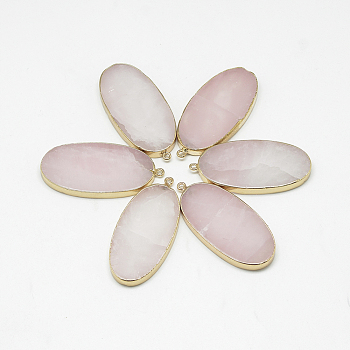 Natural Rose Quartz Big Pendants, Oval, with Golden Tone Brass Findings, 52~56x24~26x4~6mm, Hole: 2mm