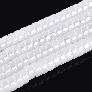 AB Color Plated Imitation Jade Glass Beads Strands, Flat Round, White, 7.5~8x4~4.5mm, Hole: 0.8~1mm, about 82~87pcs/strand, 14.37~15.16''(36.5~38.5cm)