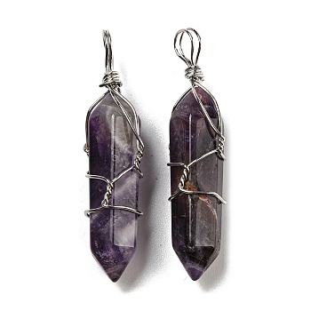 Natural Amethyst Double Terminal Pointed Pendants, Faceted Bullet Charms with Platinum Plated Iron Wire Wrapped, 42~46x10x13mm, Hole: 6~7x4.5~5.5mm