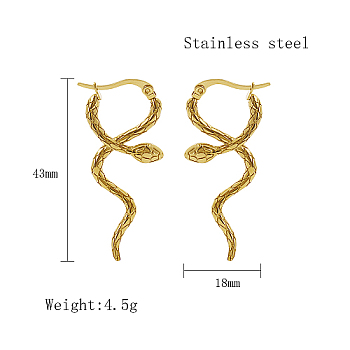 Stainless Steel Hoop Earrings for Women, Real 18K Gold Plated, Snake, 43x18mm