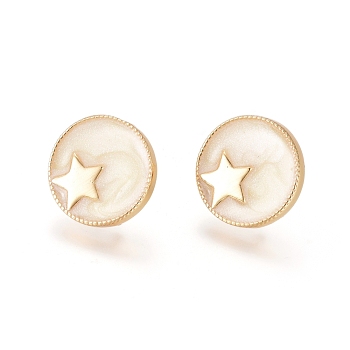 Real 18K Gold Plated Brass Stud Earring Findings, with Loop and Enamel, Flat Round with Star, White, 14mm, Hole: 1mm, Pin: 0.7mm