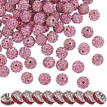 100Pcs Polymer Clay Rhinestone Round Beads, with 10Pcs Brass Rhinestone Spacer Beads, Light Rose, PP13(1.9~2mm), 6 Rows Rhinestone, 10mm, Hole: 1.5mm, 110pc/box