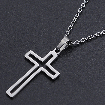 201 Stainless Steel Pendant Necklaces, with Cable Chains and Lobster Claw Clasps, Cross, Stainless Steel Color, 17.7 inch(45cm), 1.5mm