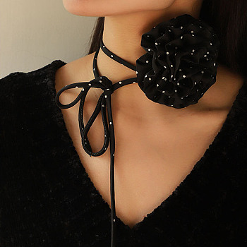 Polka Dot Pattern Fabric Rose Tie Choker Necklaces for Women, Adjustable Jewelry for Birthday Wedding Party, Black, 56.69~56.89inch(144~144.5cm), 6mm