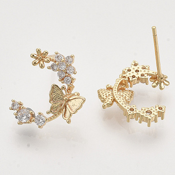 Brass Micro Pave Clear Cubic Zirconia Stud Earrings, Half Hoop Earrings, Nickel Free, Flower with Butterfly, Real 18K Gold Plated, 14x13mm, Pin: 0.8mm