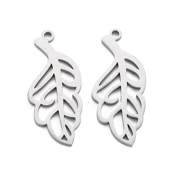 304 Stainless Steel Pendants, Laser Cut, Leaf, Stainless Steel Color, 28x13x1mm, Hole: 1.6mm