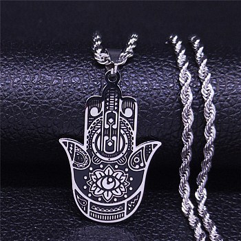 304 Stainless Steel Enamel Necklaces, Hamsa Hand with Eye, Stainless Steel Color, 24.02 inch(61cm)