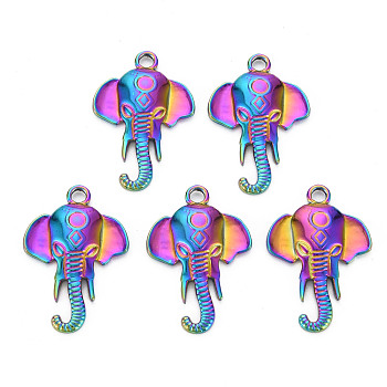 201 Stainless Steel Pendants, Elephant, Rainbow Color, 28x19.5x3.5mm, Hole: 2.5mm