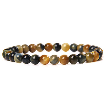 Natural Tiger Eye Round Beaded Stretch Bracelet, 