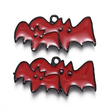 Halloween Theme Alloy Enamel Pendants, Red Bat, Electrophoresis Black, 13x27.5x1.5mm, Hole: 1.6mm