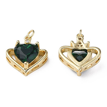 Brass Micro Pave Cubic Zirconia Pendants, with Jump Rings, Nickel Free, Real 18K Gold Plated, Heart, Dark Green, 20x17x7mm, Jump Ring: 5x1mm, 3mm inner diameter