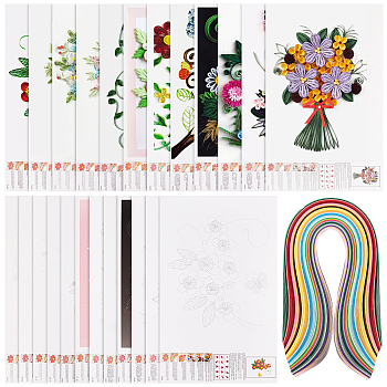 Flower/Bird Pattern Cardboard DIY Paper Quilling Tools Drawings Sample Cards, with Rectangle 36 Colors Quilling Paper Strips, Mixed Color, Cards: 35.4~35.6x21x0.05cm, 12pcs, Strips: 525x3mm, about 360 strips/bag
