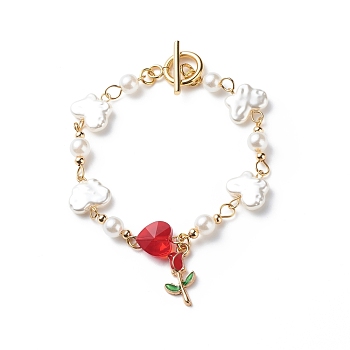 Alloy Enamel Rose of Life Charm Bracelet, Butterfly & Heart Plastic & Glass Pearl Beaded Bracelet for Valentine's Day, Red, 7-1/2 inch(18.9cm)
