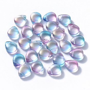Transparent Spray Painted Glass Beads, Top Drilled Beads, with Glitter Powder, Teardrop, Sky Blue, 12.5x10.5x5.5mm, Hole: 0.9mm
