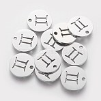 Non-Tarnish 304 Stainless Steel Charms, Flat Round with Constellation/Zodiac Sign, Gemini, 12x1mm, Hole: 1.5mm(STAS-Q201-T095-3)
