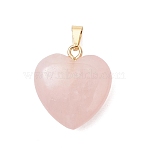 Natural Rose Quartz Pendants, Heart Charms with 304 Stainless Steel Snap on Bails, Golden, 22~22.5x20.5~21x7~8mm, Hole: 4.5x2.5mm(PALLOY-JF05169-01)