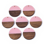 Resin & Wood Pendants, Flat Round, Pink, 28.5x3.5~4mm, Hole: 1.5mm(RESI-S358-02B-28)