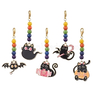 5Pcs 5 Styles Halloween Cat Alloy Enamel Pendant Decorations, Synthetic Turquoise Beads and Lobster Claw Clasps Charms for Bag Key Chain Ornaments, Golden, 60~72mm, 1pc/style(HJEW-JM01928)