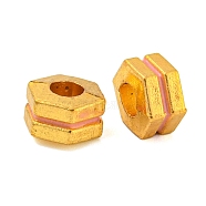 Brass Enamel Beads, Long-Lasting Plated, Lead Free & Cadmium Free, Real 18K Gold Plated, Hexagon, Pink, 7x7x4mm, Hole: 2.5mm(KK-P277-44G-01)