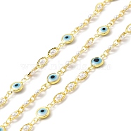 Handmade Eco-friendly Brass Flat Round & Oval Link Chain, with Glass Evil Eye & CCB Pearl Beaded, Long-Lasting Plated, Golden, Soldered, with Spool, Cyan, 13x7x3mm, 7x4x3mm(CHC-E023-27G-02)