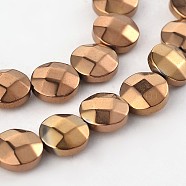 Electroplated Non-magnetic Synthetic Hematite Flat Round Bead Strands, Faceted, Copper Plated, 8x3.5mm, Hole: 1mm, about 51pcs/strand, 15.74 inch(G-L368-06A)
